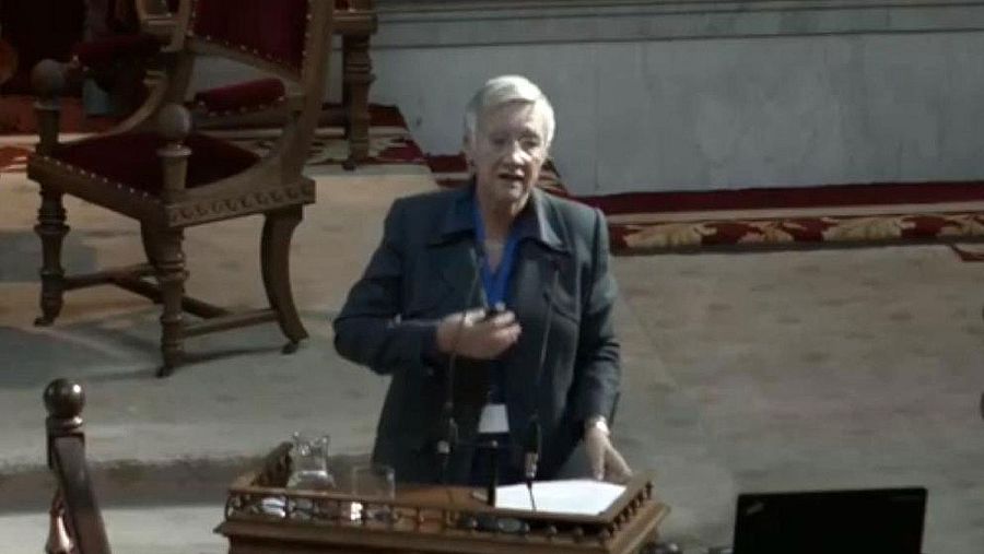 La lexicógrafa Paz Battaner interviene en la Universidad Pompeu Fabra en un simposio sobre El futuro de los diccionarios en la era digital celebrado en noviembre de 2014