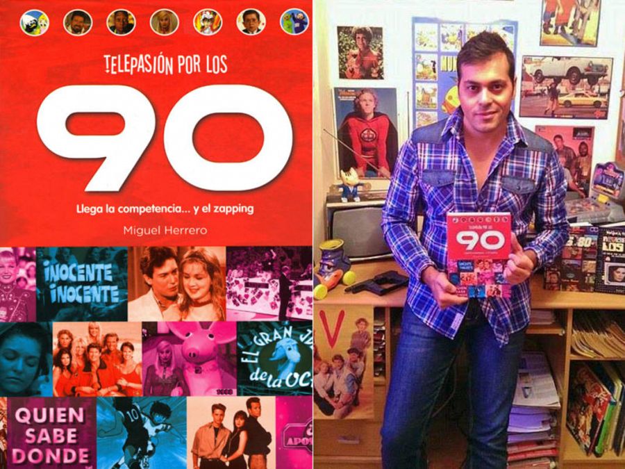 Miguel Herrero y la portada de su libro 'Telepasión por los 90'