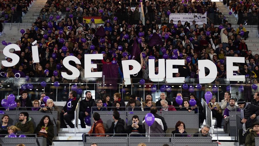 Mitin de Podemos en la Caja Mágica de Madrid.
