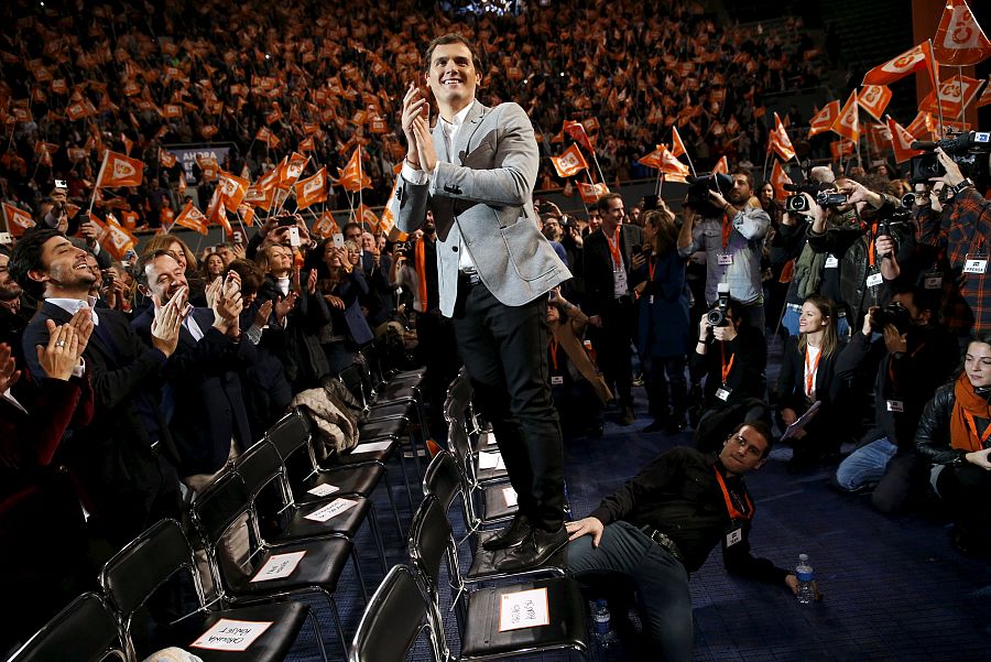 Ciudadanos party leader Albert Rivera applauds during an election campaign rally in Madrid