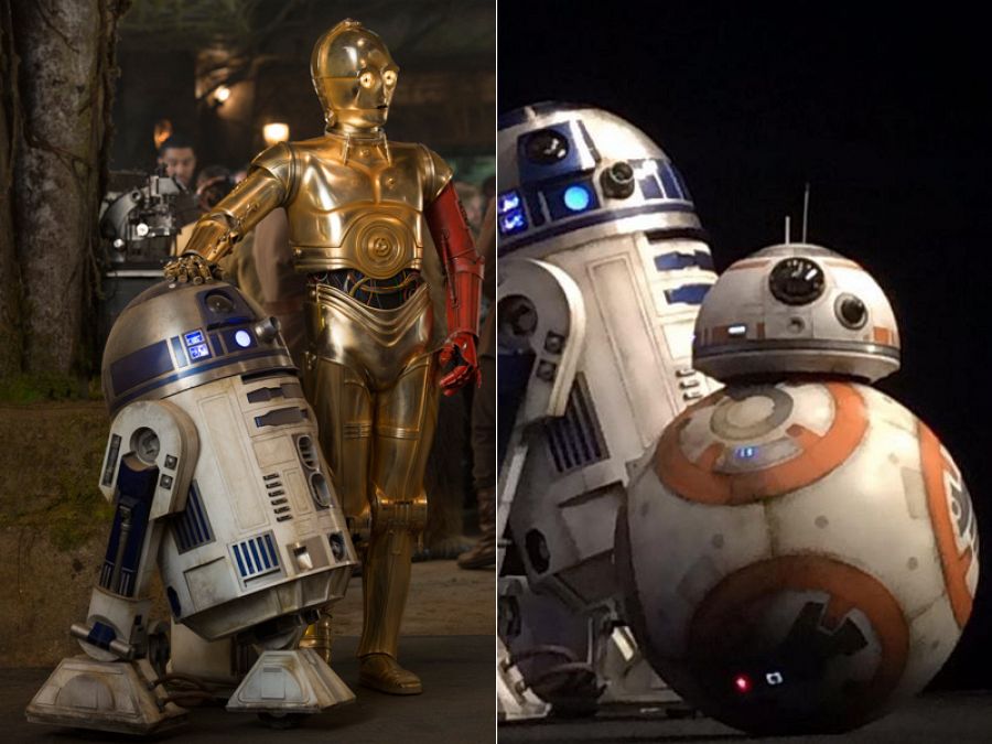 R2-D2 con su colega C-3PO y con BB8, el nuevo robot de la saga