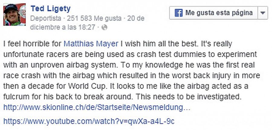 Declaración de Ted Ligety en su perfil de Facebook.