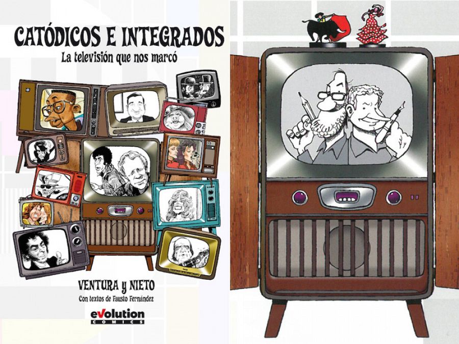 Portada y contraportada (con caricatura de Ventura & Nieto) de 'Catódicos e integrados'