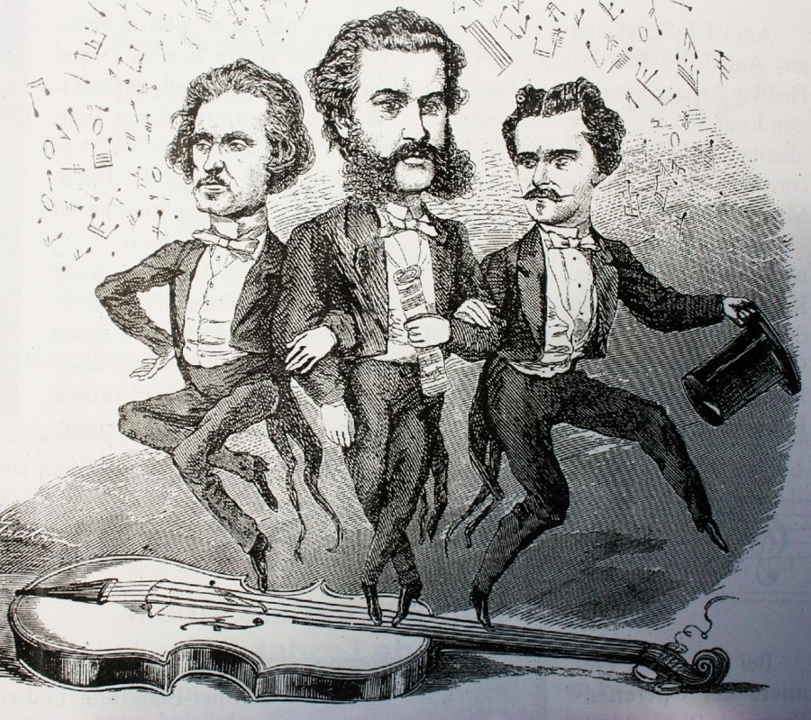 Johann, el patriarca de la dinastía Strauss, junto a dos de sus hijos, Josef y Eduard, en una caricatura de la época