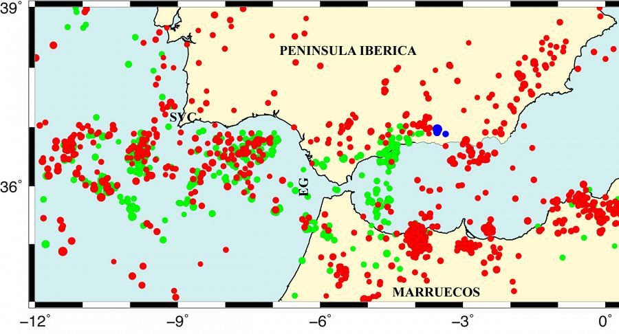 Terremotos ocurridos en el sur de la península en el periodo 1995-2015.
