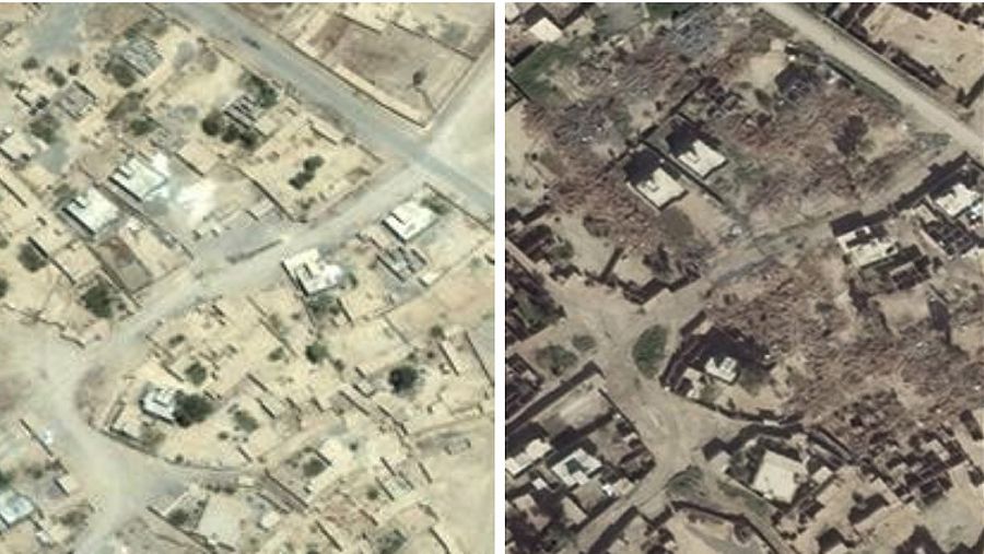 Fotografía por satélite, distribuida por Amnistía Internacional, que supuestamente muestra la destrucción de casas en la aldea iraquí de Jumeili tras el paso de los milicianos kurdos