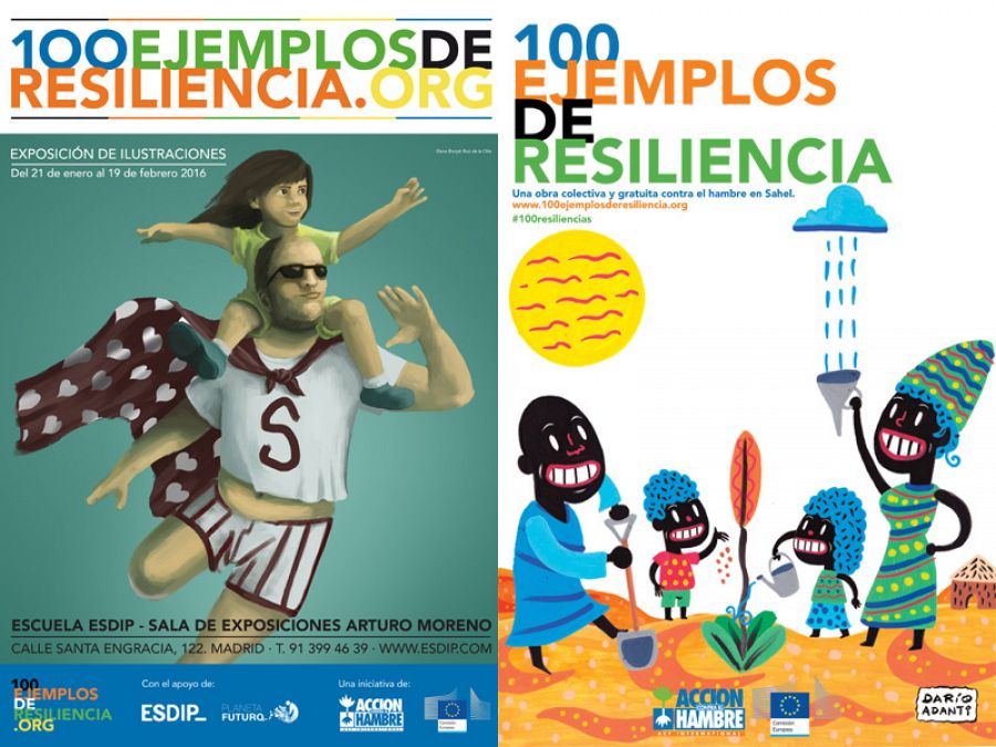 Cartel de la exposición y portada del libro '100 ejemplos de resilencia'