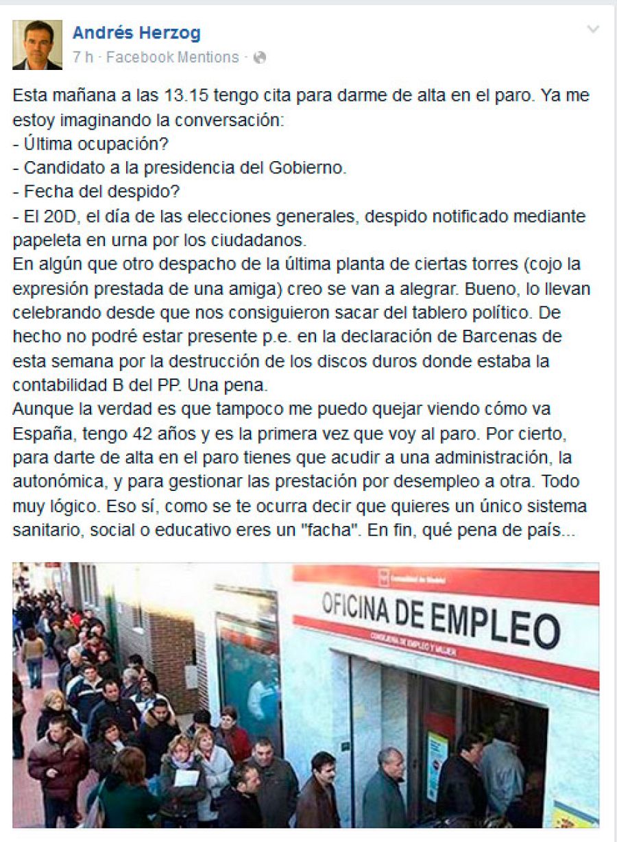 El mensaje de Andrés Herzog en Facebook.