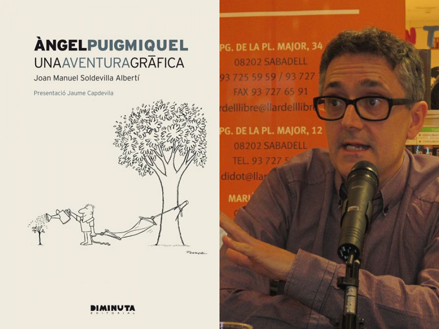 Portada del libro 'Ángel Puigmiquel. Una aventura gráfica' y fotografía de su autor, Joan Manuel Soldevilla Albertí