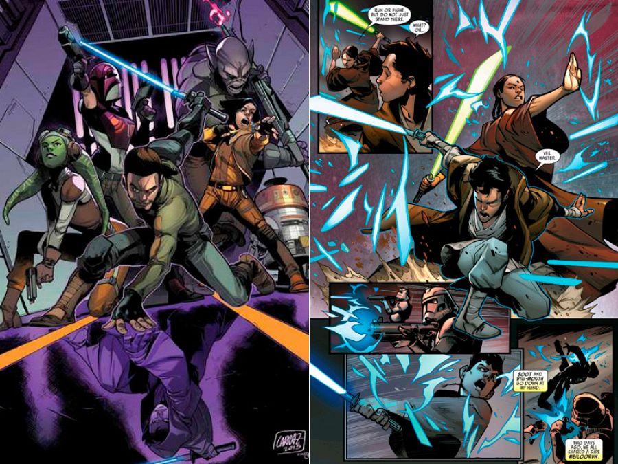 Ilustración y página de Pepe Larraz para 'Kanan: El último Padawan'