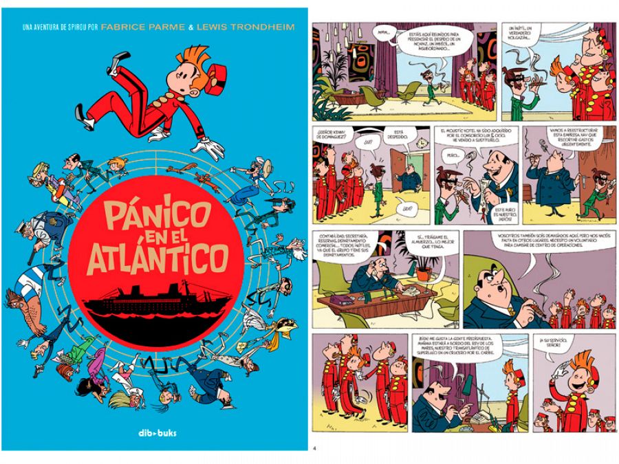 Portada y página de 'Spirou: Pánico en el Atlántico'