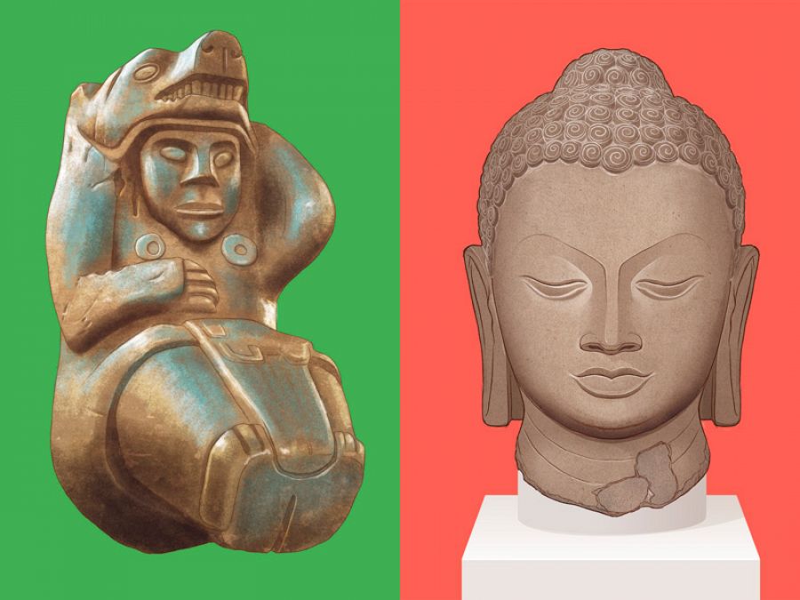 Figurita Wray (Hopewell, EE.UU. 100 a. C. - 400 d. C.) y Cabeza de Buda (India Siglo v d. C.)