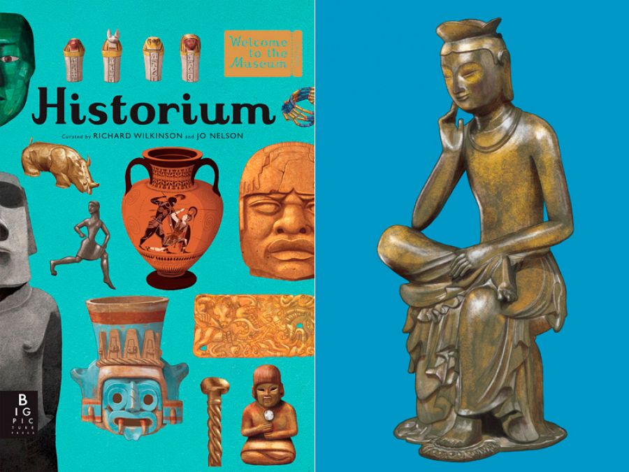 Portada de 'Historium' y estatua bodhisattva de bronce con baño de oro (Antigua Corea. Final del siglo VI - inicio del VII d. C.)