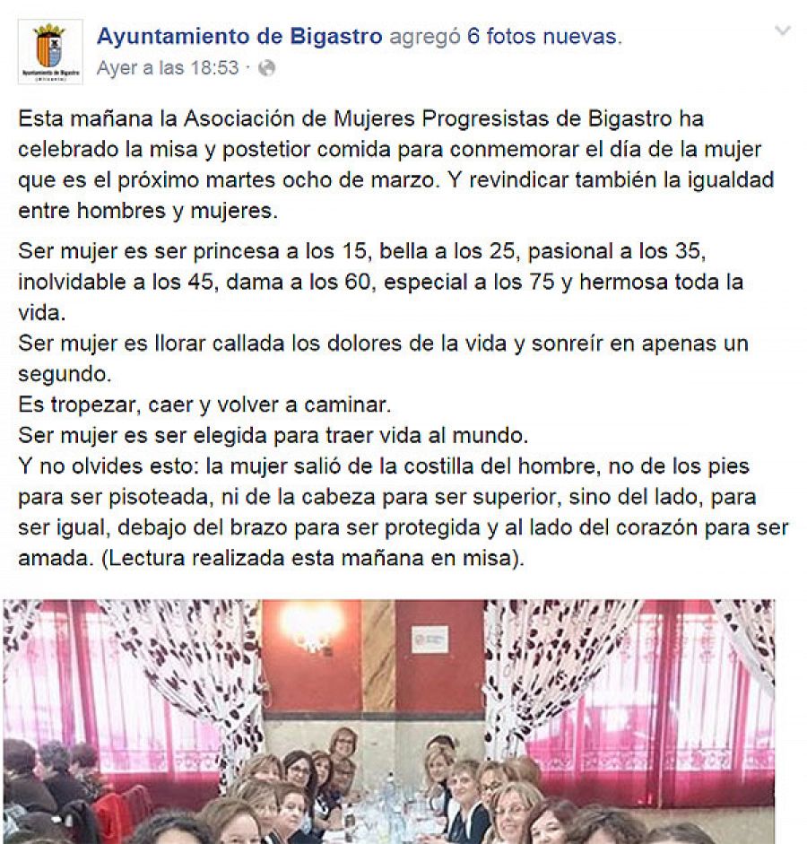 Imagen del texto machista colgado por el Ayuntamiento de Bigastro en Facebook.