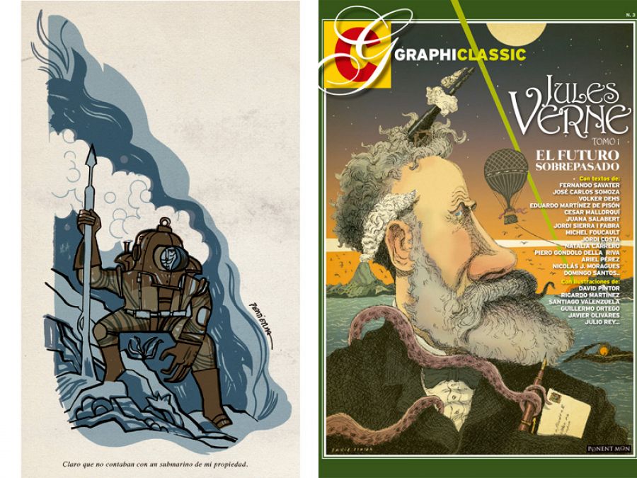 Ilustración de Joaquín Pertierra y portada de 'Jules Verne 1: El futuro sobrepasado'