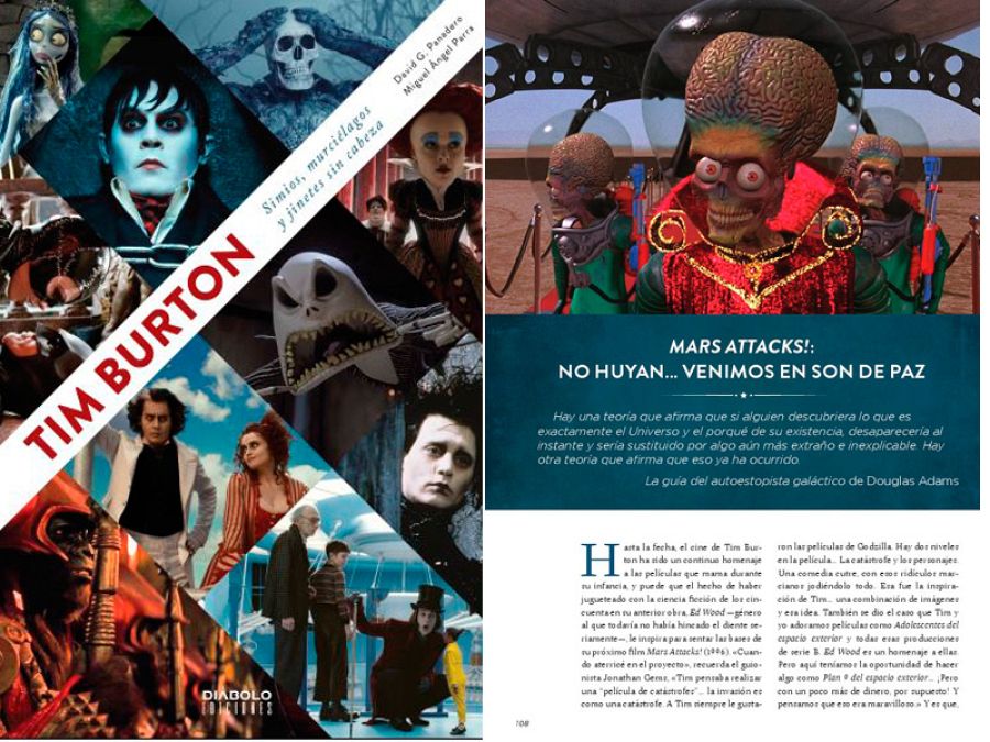 Portada y página del libro 'Tim Burton: Simios, muciélagos y jinetes sin cabeza'