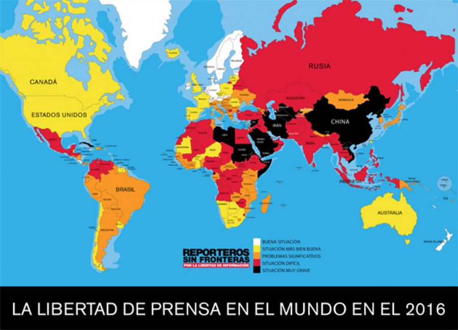 Mapa con el estado de la libertad de prensa en el mundo en 2016 (Reporteros Sin Fronteras)