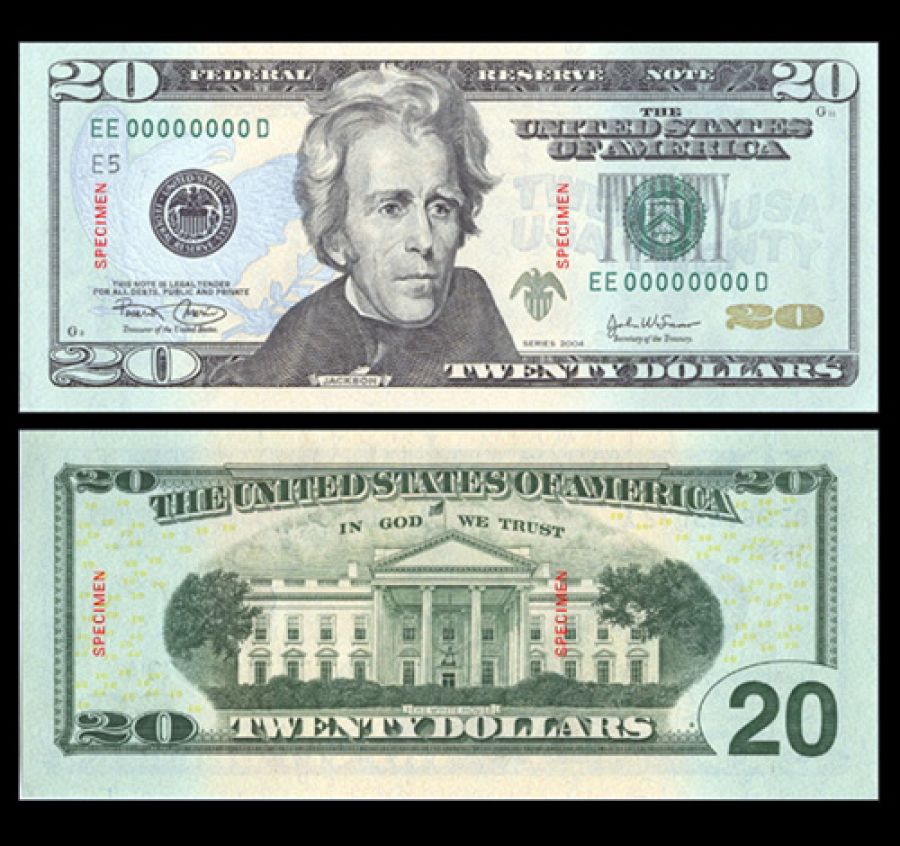 El billete de 20 dólares actualmente en circulación con la figura del presidente Andrew Jackson