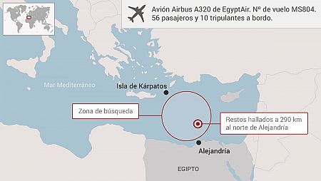 Mapa de la zona de búsqueda de los restos del vuelo MS804 de París a El Cairo