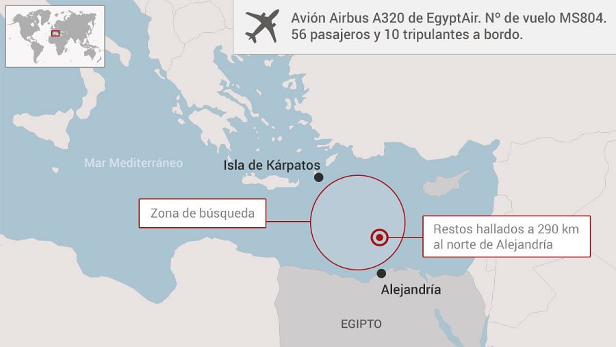 Mapa de la zona de búsqueda de los restos del vuelo MS804 de París a El Cairo