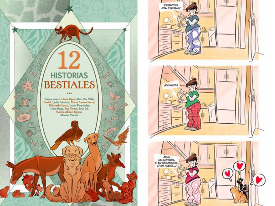 Portada de '12 historias bestiales' y página de Montse Martín