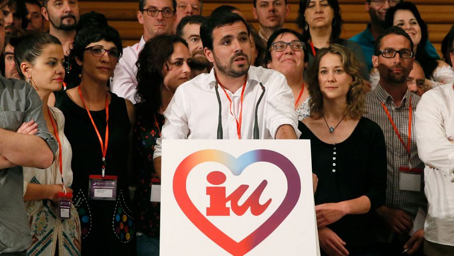 Alberto Garzón durante su intervención tras ser proclamado nuevo coordinador federal de Izquierda Unida este domingo 5 de junio