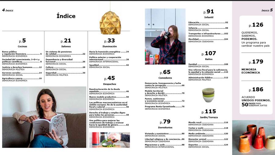 Índice del programa electoral de Podemos, que imita a un catálogo de la cadena Ikea