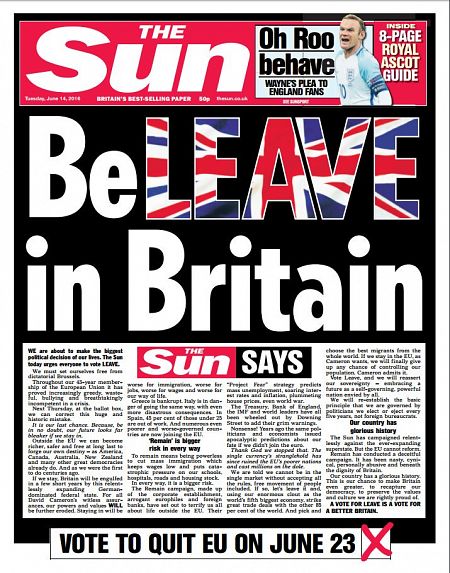 Portada del tabloide británico 'The Sun' en defensa del Brexit, día 14 de junio de 2016