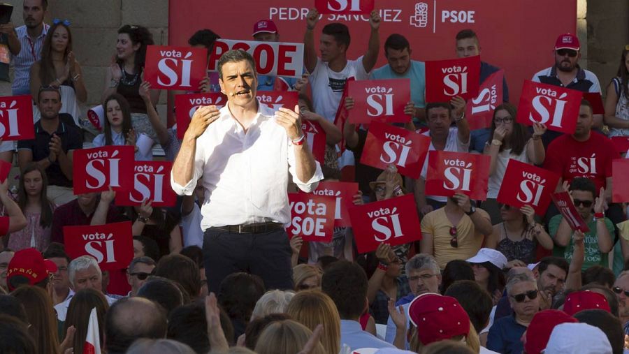 El candidato del PSOE, Pedro Sánchez, en un acto de campaña.