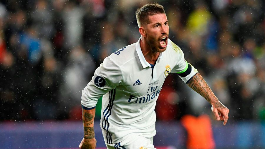 Sergio Ramos celebra el gol del empate 2-2 ante el Sevilla en la Supercopa de Europa.