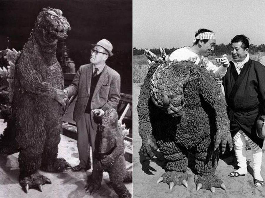 Eiji Tsuburaya, creador de efectos especiales, y Haruo Nakajima, el hombre dentro de Godzilla