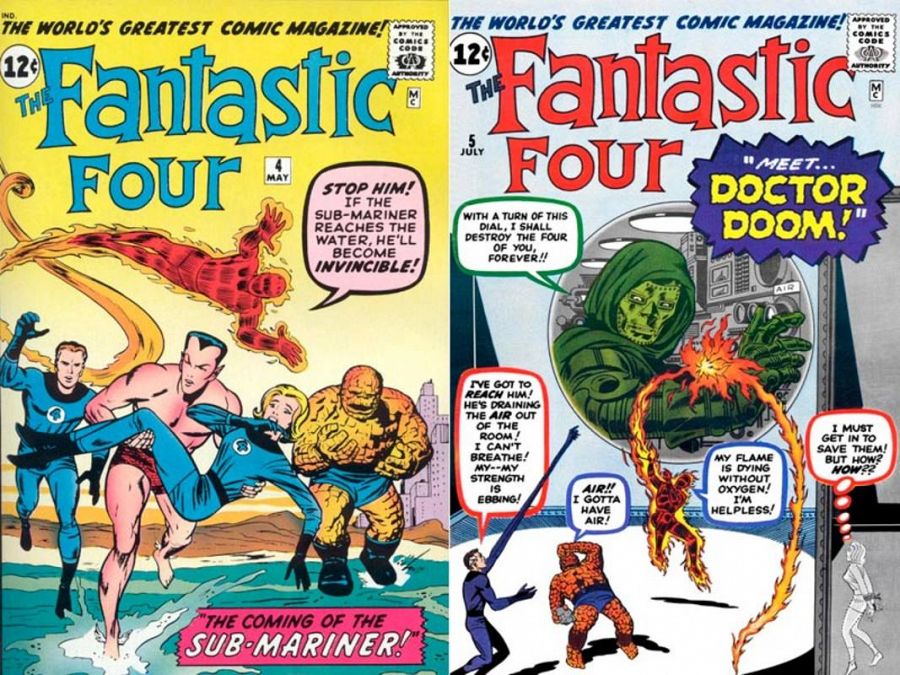 Portadas de los números 4 y 5 de 'Los Cuatro Fantásticos', con las apariciones de Namor y el Dr. Muerte