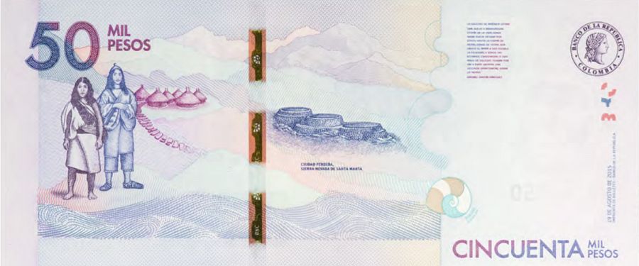 Representación de la Ciudad Perdida e indígenas que habitan la Sierra Nevada de Santa Marta en el reverso del nuevo billete de 50.000 pesos colombianos