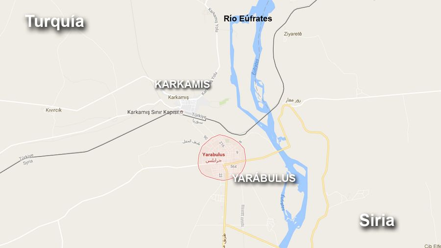 Mapa de la frontera turcosiria y las localidades vecinas de Karkamis (Turquía) y Yarábulus (Siria)