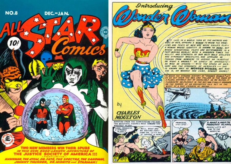 Portada de 'All Star Comics #8' (1941) y primera página de la aventura de Wonder Woman