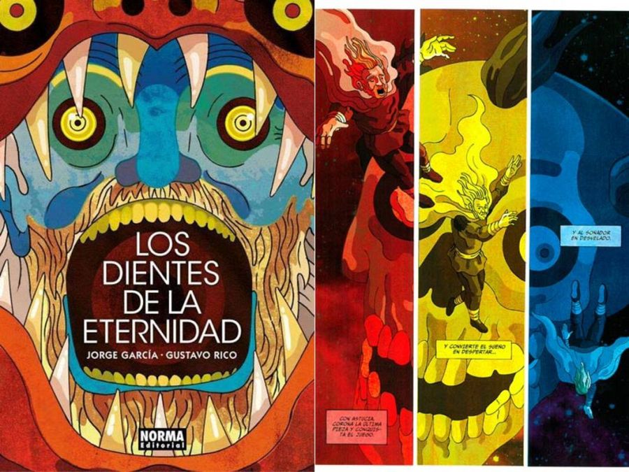 Portada y página de 'Los dientes de la eternidad'