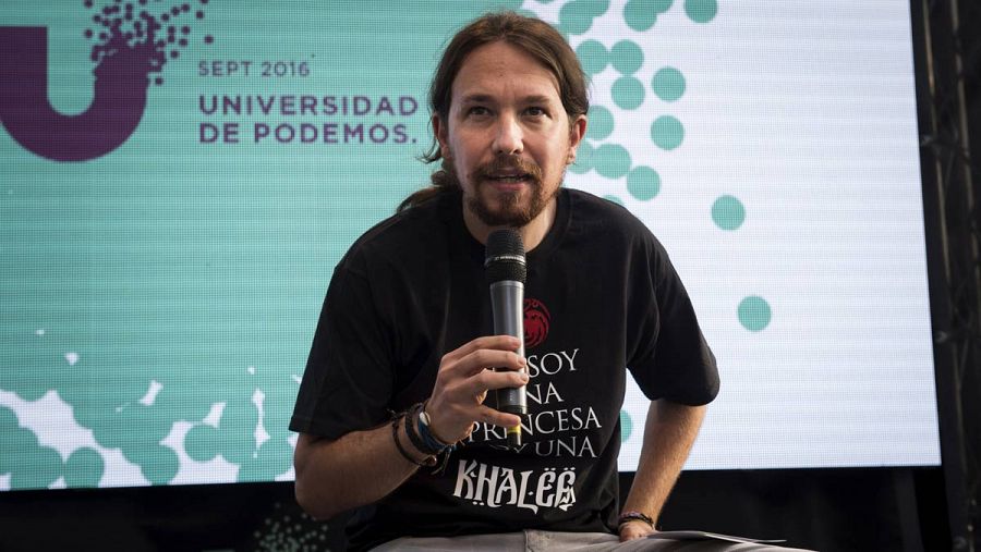 El líder de Podemos, Pablo Iglesias, durante la clausura de la Universidad del partido en la Universidad Complutense de Madrid.