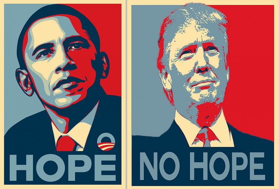 Combinación de imágenes: izquierda, imagen viral de la campaña de Barack Obama en 2008 y el lema 