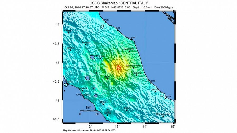 Mapa del Servicio Geológico de Estados Unidos que muestra la ubicación del epicentro del terremoto