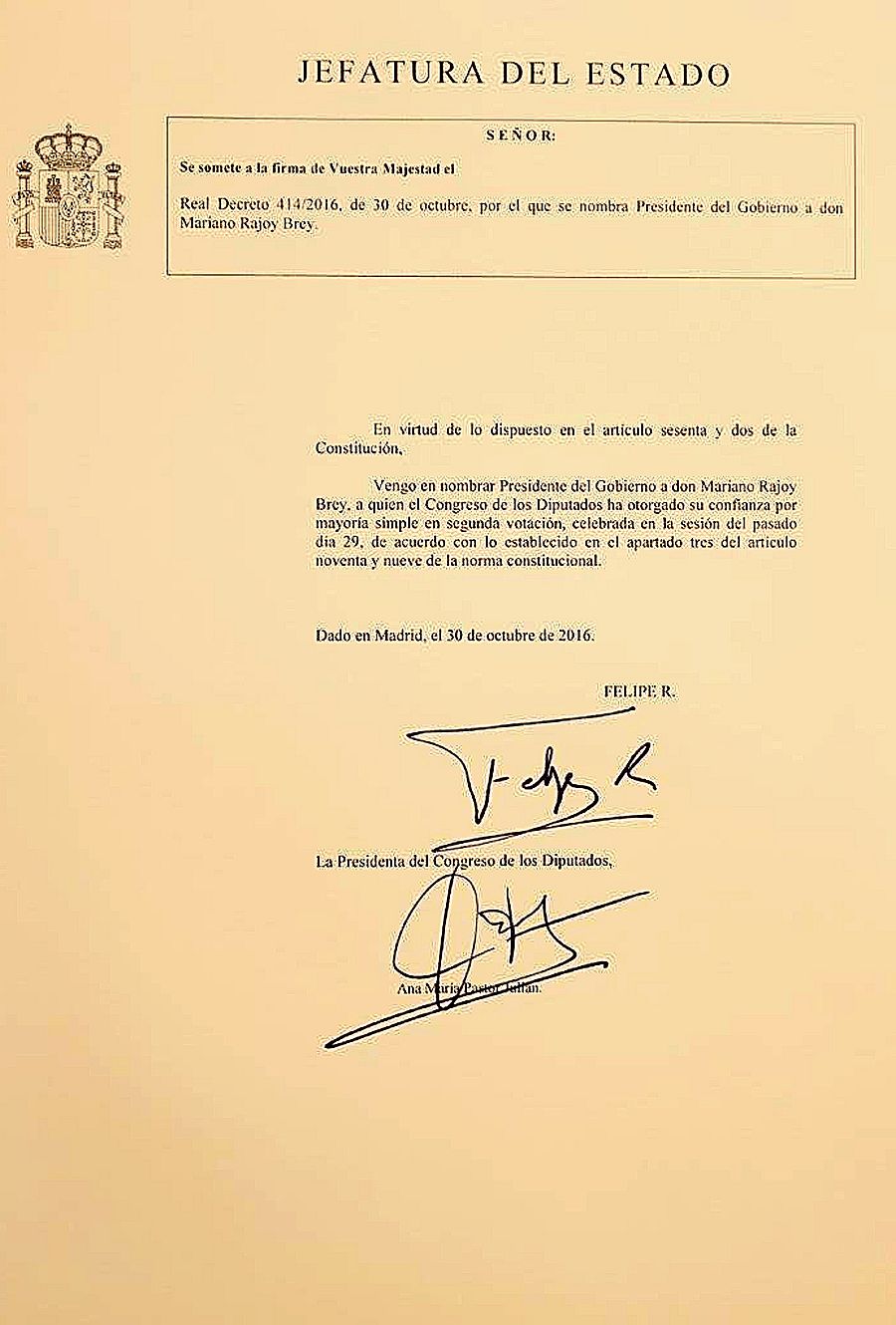 Documento del Real Decreto con el nombramiento de Mariano Rajoy