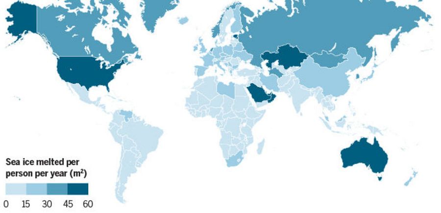 Metros cuadrados de hielo ártico de cuya desaparición es responsable cada persona, por país