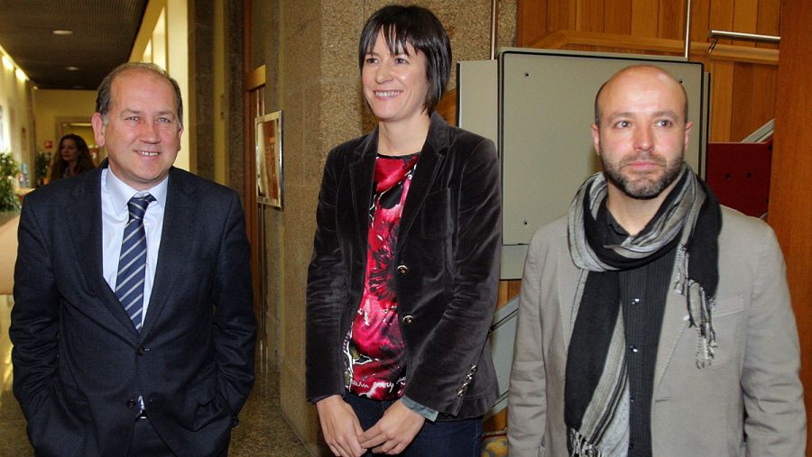 Los portavoces de la oposición en el Parlamento Gallego, Xoaquín Fernández Leiceaga (PSdeG), Ana Pontón (BNG) y Luis Villares (En Marea)