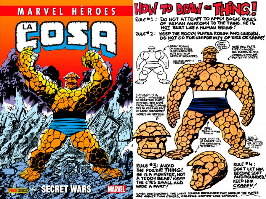 Portada de 'Marvel Héroes: La Cosa', y las instrucciones de Byrne para dibujar al personaje