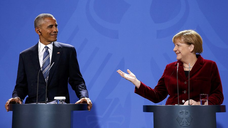 El presidente estadounidense Barack Obama y la canciller alemana Ángela Merkel comparecen ante la prensa