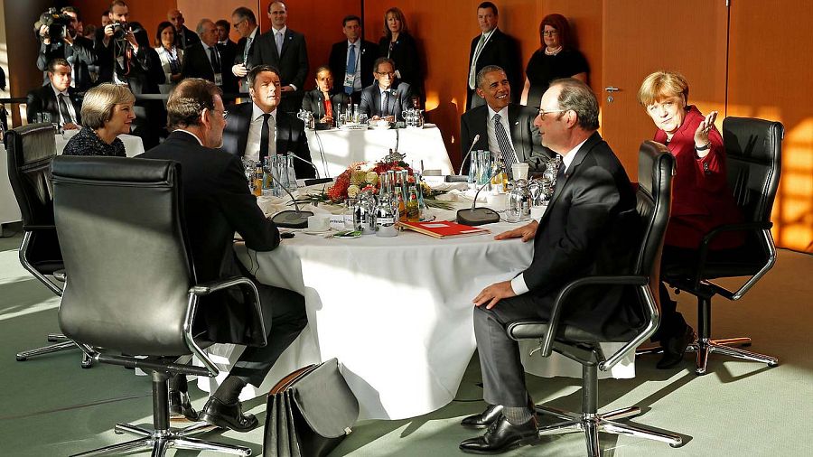 May, Rajoy, Renzi, Obama, Hollande y Merkel en la cumbre de Berlín