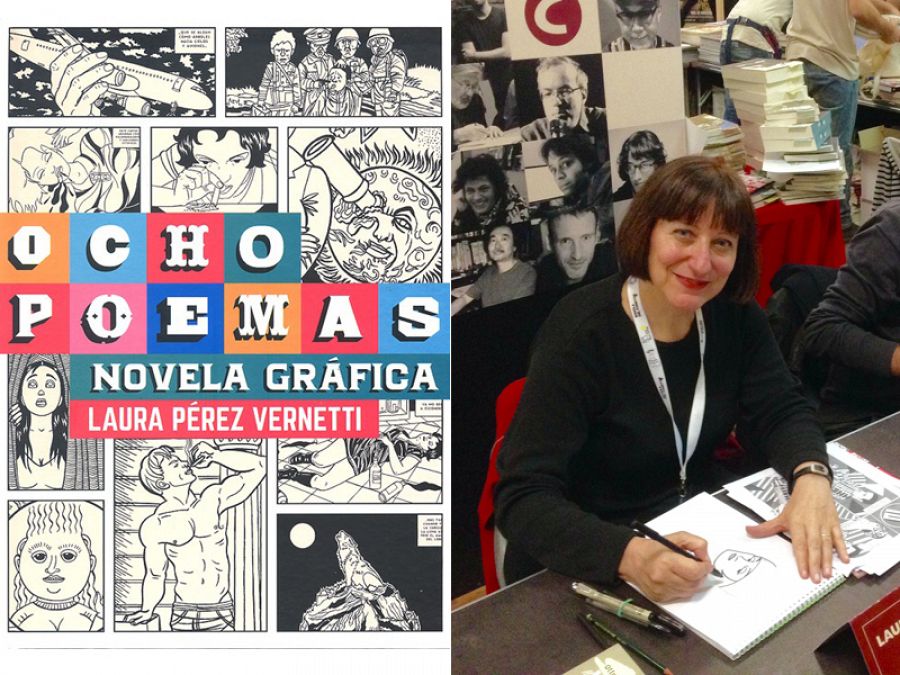 Portada de 'Ocho poemas. Novela gráfica' y Laura Pérez Vernetti en el Salón del Cómic de Lucca