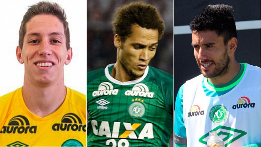 Los tres supervivientes del Chapecoense: Jackson Follmann, Helio Neto y Alan Ruschel.