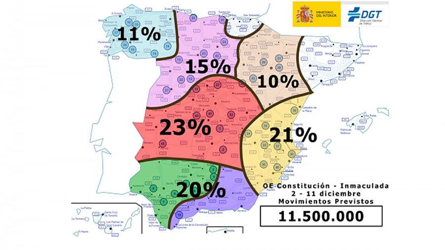 Mapa de la DGT con el porcentaje de desplazamientos previstos por comunidades autónomas
