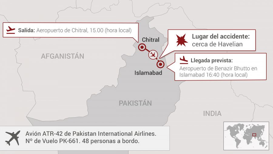 Mapa con la ruta del avión estrellado en el norte de Pakistán.