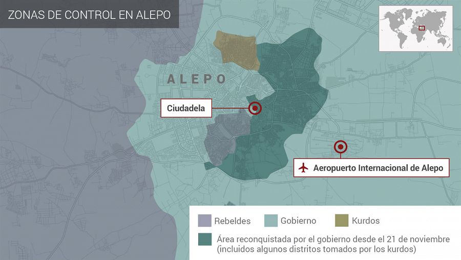  Mapa de la situación en Alepo a 12 de diciembre de 2016, según el IHS Conflict Monitor.